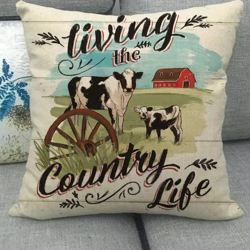 Country Life Pillow Cover. Wagon Wheel. Farm Barn